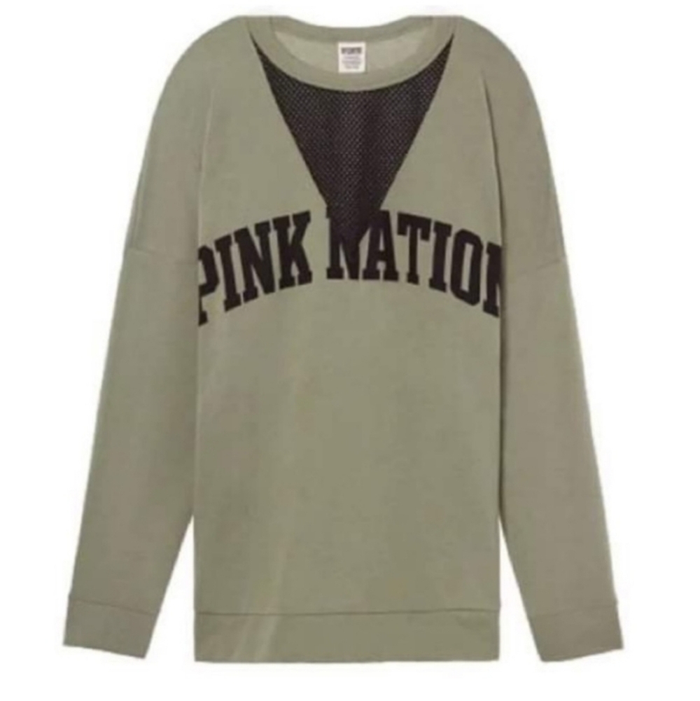 Pink Victoria Secret Pink Nation varsity mesh crew neck army green sweatshirt Lg